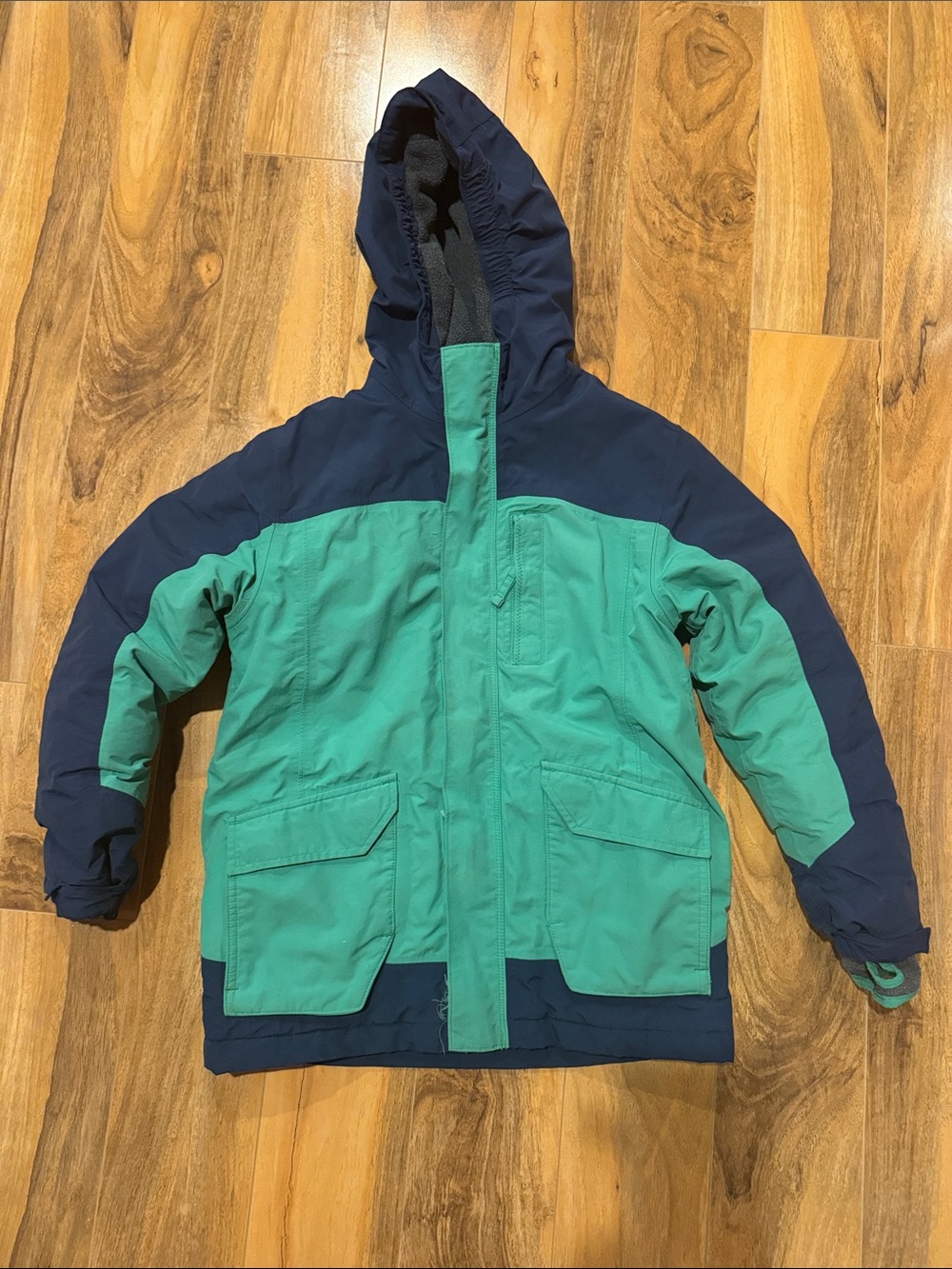 Lands' End Kids Hooded Puffer Snow Jacket in Teal and Navy